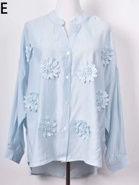 FROM PARIS FRANCE 🇫🇷 Light Blue Floral Appliqué Button-Up Blouse